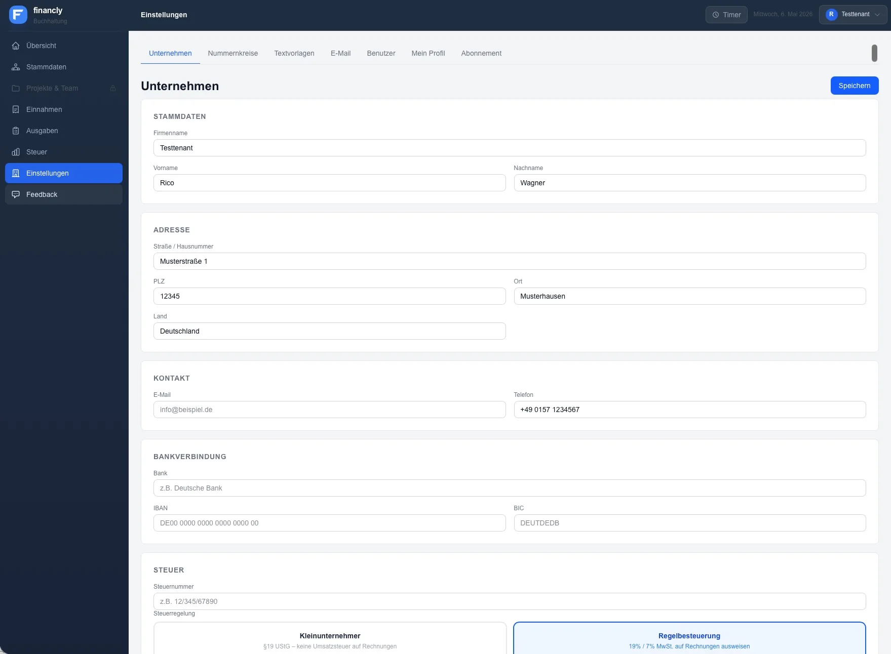 Einstellungen in financly: Firmendaten, Logo und E-Mail-Versand